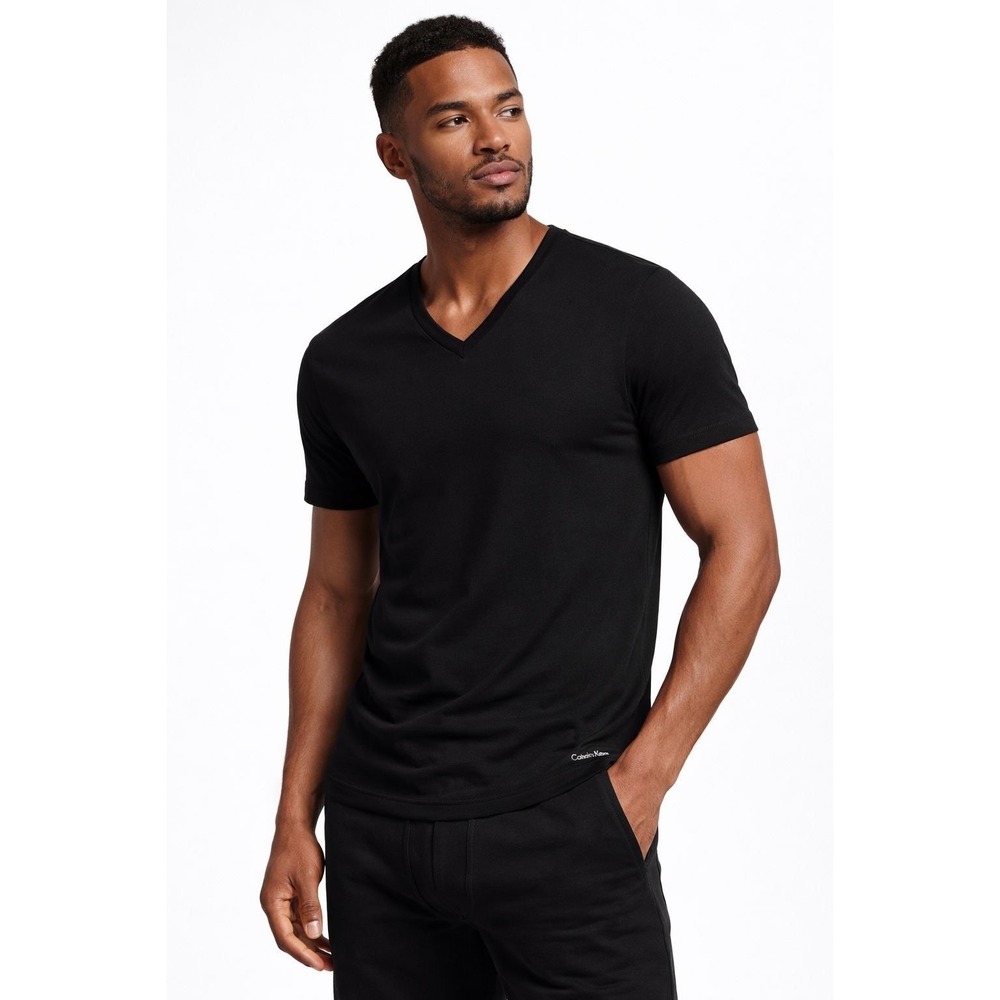 Calvin Klein Mens 3 Pack 100% Cotton Black V‎ Neck T-Shirts Black Classic Fit L